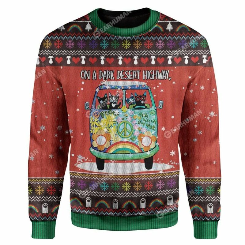 Ugly Christmas Cat On A Dark Desert Highway Sweater Apparel