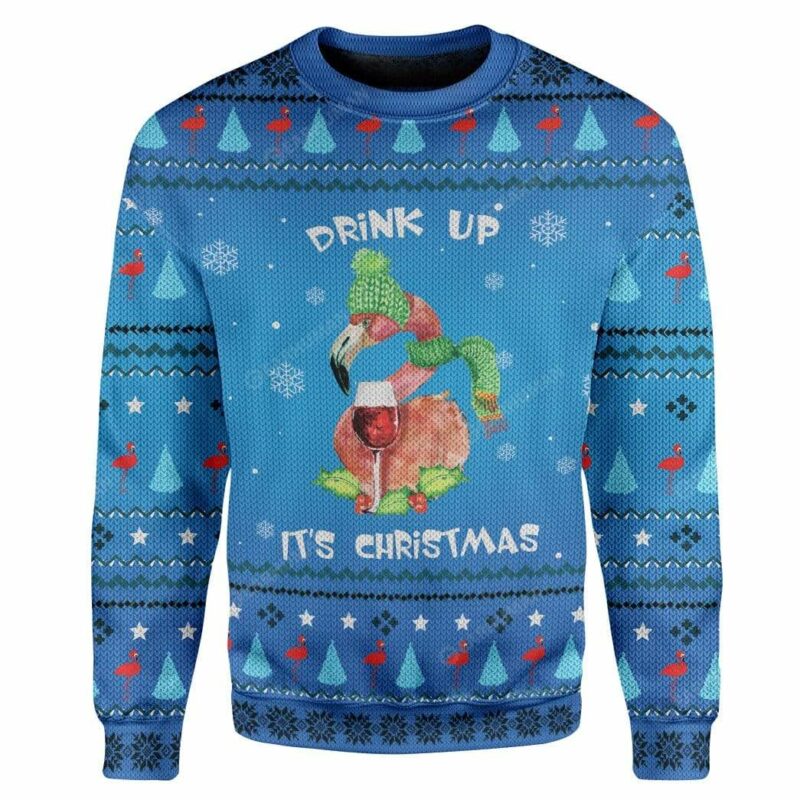 Ugly Christmas Drinking Flamingo Custom Sweater Apparel