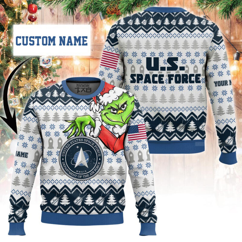 Custom Name Grinch x US Space Force Ugly Sweater V1