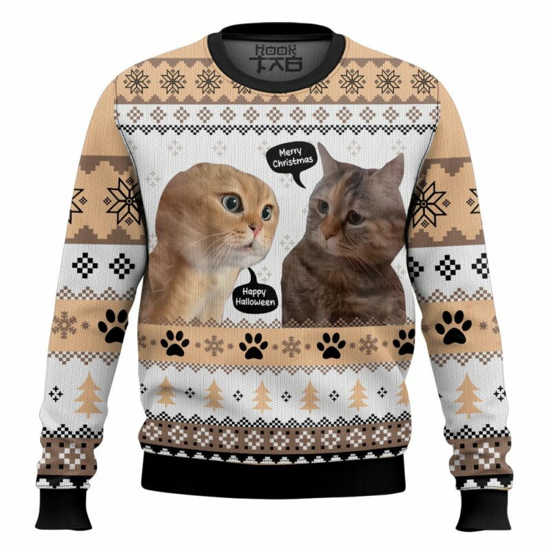 Two Cats Talking Meme Christmas Ugly Sweater