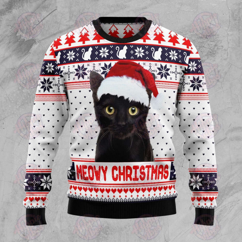 Meowy Christmas Cat With Santa Hat Ugly Christmas Sweater hooktab