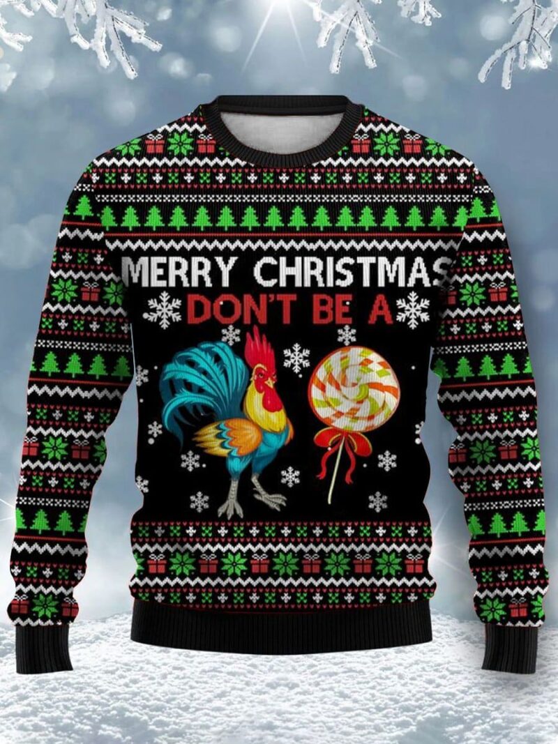 Merry Christmas Cock Print Crewugly Christmas Sweater