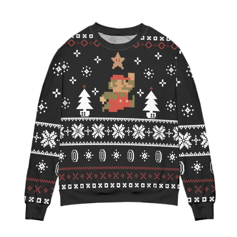 Pixel Mario Pine Tree And Snowflake Pattern Ugly Christmas Sweater All Over Print 3D Sweater Black