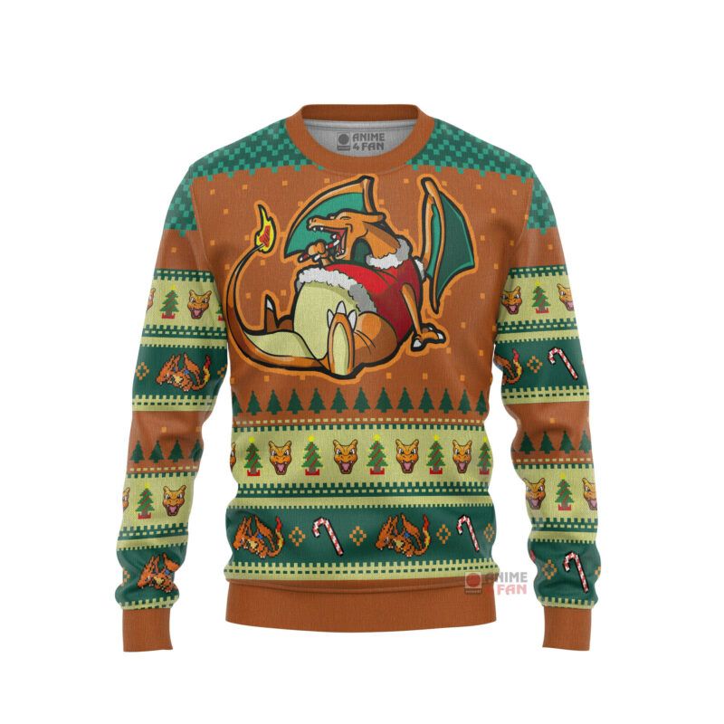 3D Anime Pokemon Eating Candy Cane Charizard Custom Ugly Christmas Sweater VA308424