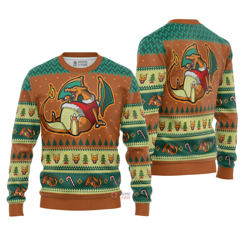 3D Anime Pokemon Eating Candy Cane Charizard Custom Ugly Christmas Sweater VA308424