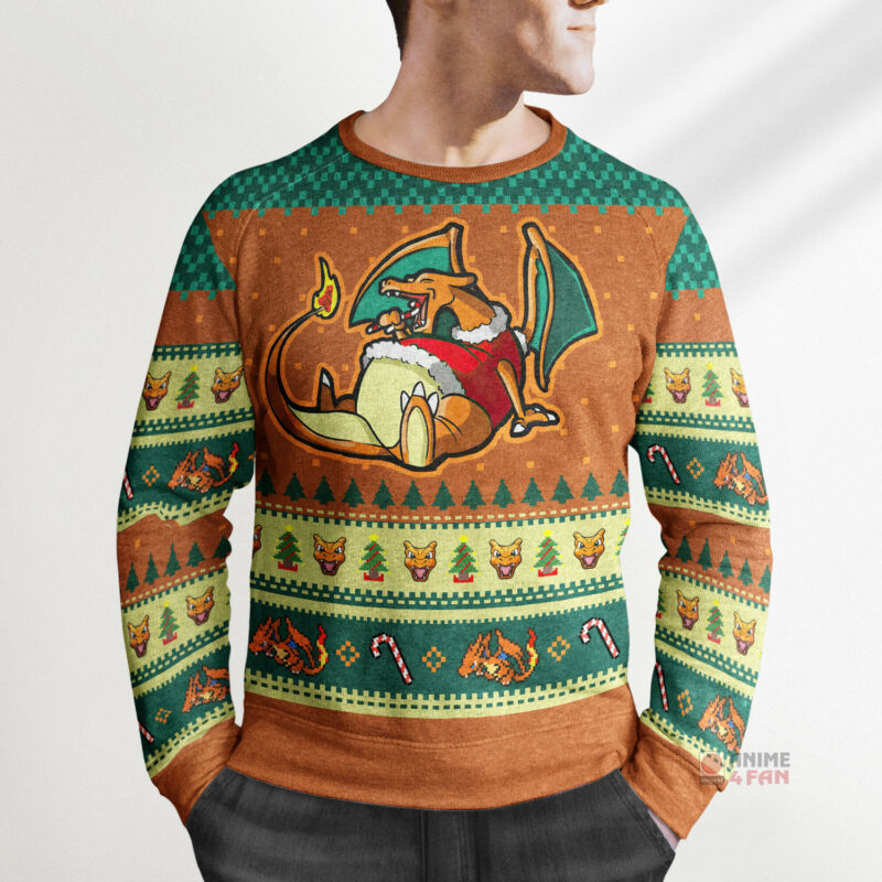 3D Anime Pokemon Eating Candy Cane Charizard Custom Ugly Christmas Sweater VA308424