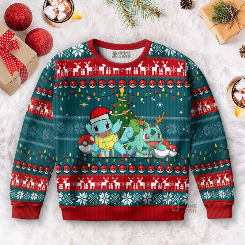 3D Anime Pokemon Bulbasaur and Squirtle Custom Fandom Ugly Christmas Sweater VA311194