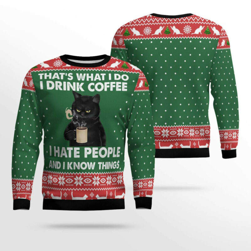 Black Cat Drink Coffee Ugly Christmas Sweater