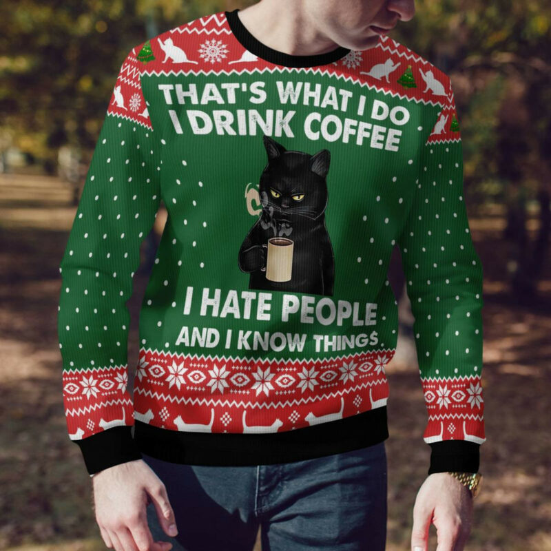 Black Cat Drink Coffee Ugly Christmas Sweater