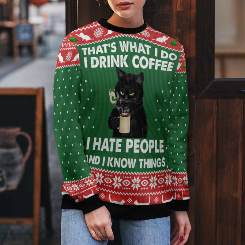 Black Cat Drink Coffee Ugly Christmas Sweater