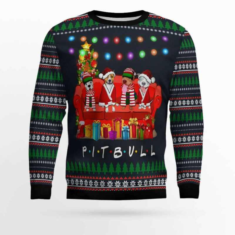 Pit Bull Friends On Red Sofa Ugly Christmas Sweater