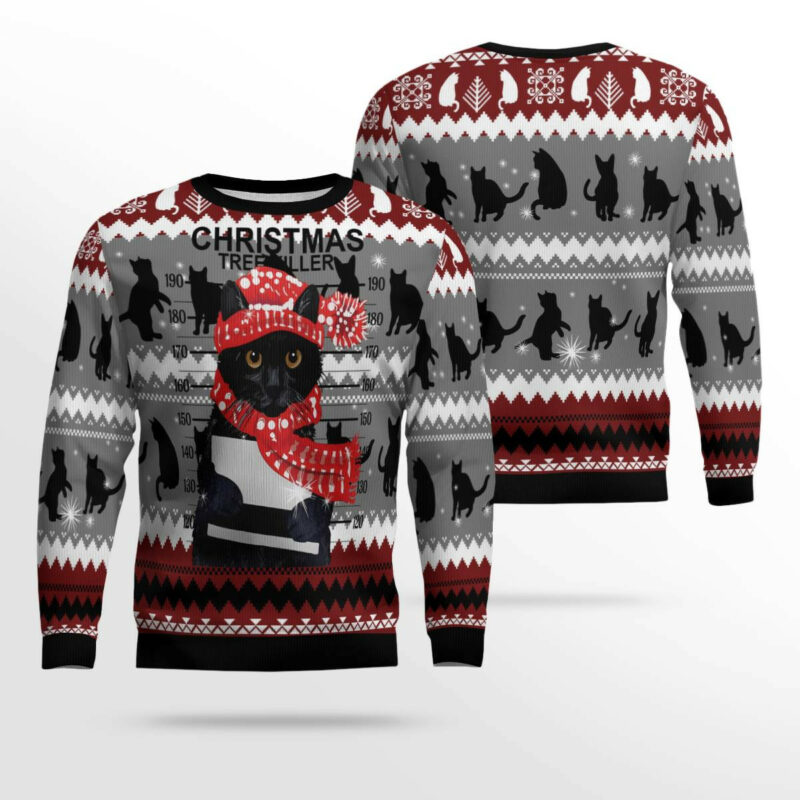 Black Cat Tree Killer Ugly Christmas Sweater