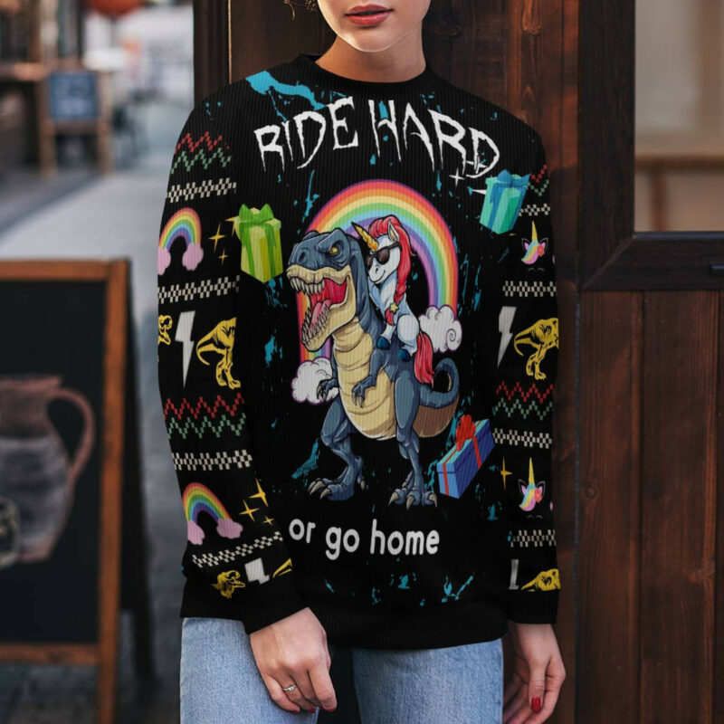 Dinosaur Unicorn Ride Hard Ugly Christmas Sweater