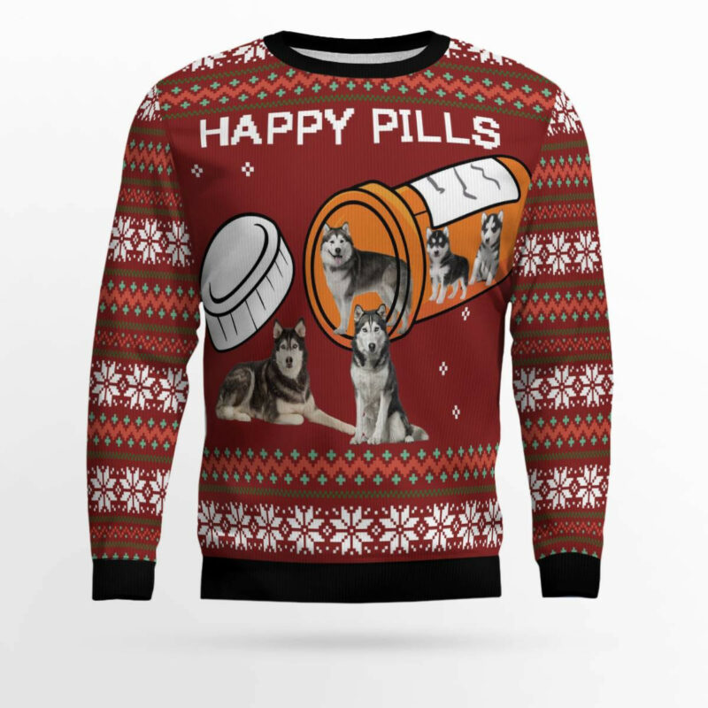 Merry Christmas Siberian Husky Happy Pills Ugly Christmas Sweater