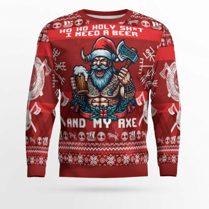 Viking Beer & Axe Viking Christmas Sweater - Ultimate Festive Warrior Gear Viking Ugly Christmas Sweater