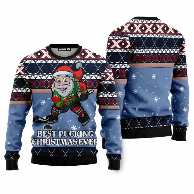 Funny Santa Playing Hockey Ugly Christmas Sweater