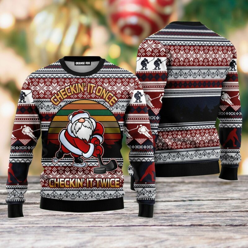 Hockey Checking It Once Checking It Twice Ugly Christmas Sweater