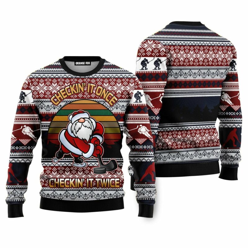 Hockey Checking It Once Checking It Twice Ugly Christmas Sweater