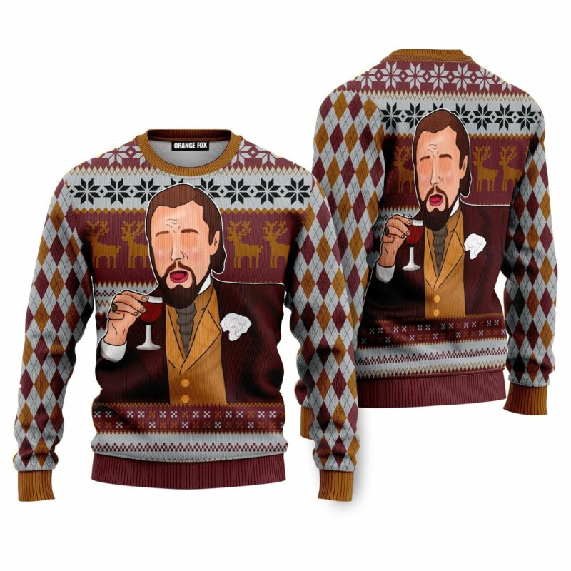 Leonardo Laughing Meme Brown Ugly Christmas Sweater