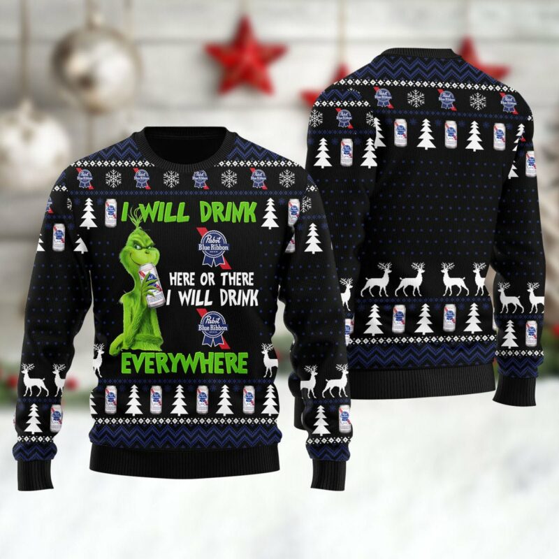 Pabst Blue Ribbon Grinch Will Drink Everywhere Ugly Sweater