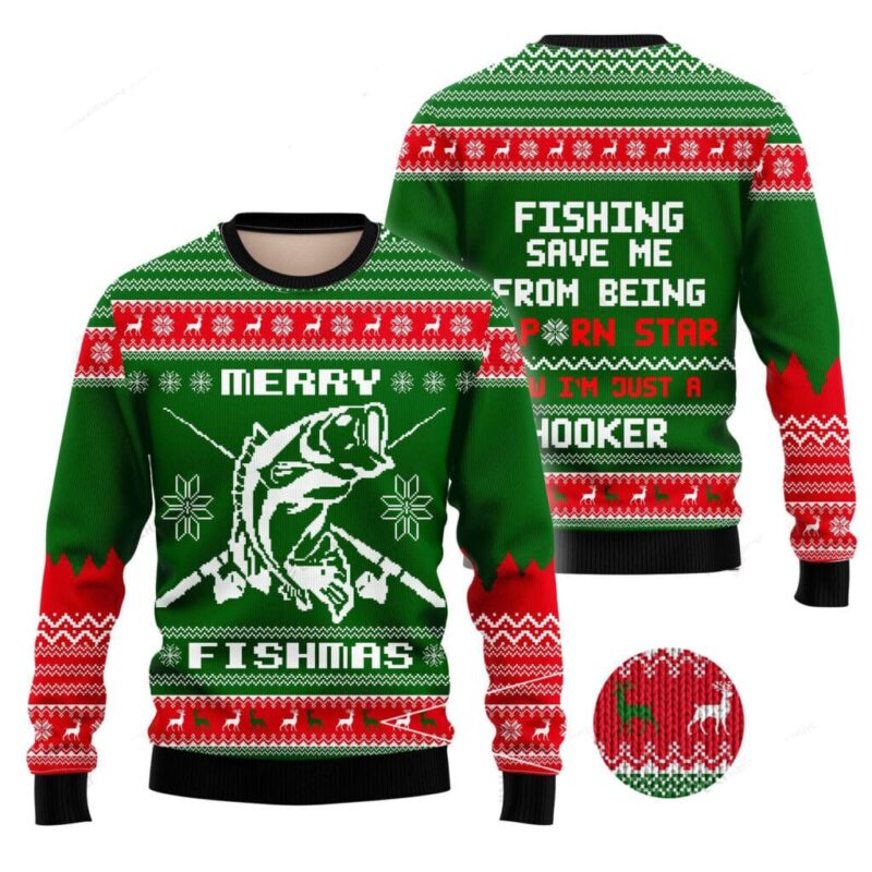 Bass Fishing Merry Fishmas Ugly Sweater pattern Custom Long Sleeve Fishing Shirts, Christmas Fishing gifts