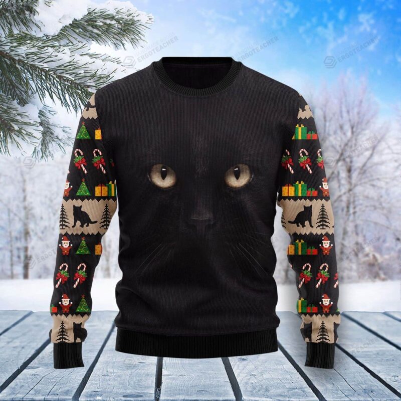 Black Cat Cute Face Ugly Christmas Sweater Best Gift For Xmas