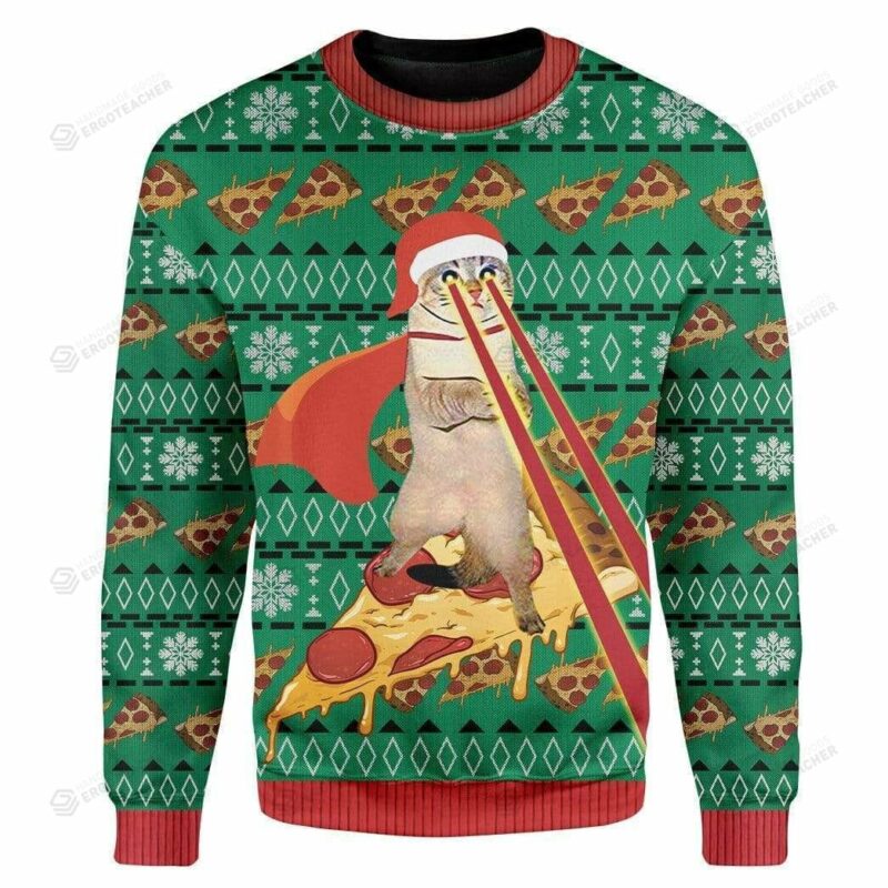 Cat Christmas Pizza And Cat Pizza Pattern Green Christmas Ugly Sweater 3D For Men And Women