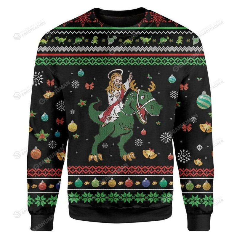 Jesus And A Green Dinosaur Ugly Christmas Sweater