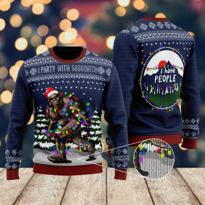 Bigfoot Christmas I Party With Sasquatch Camping Knitting Pattern Christmas Ugly Christmas Sweater