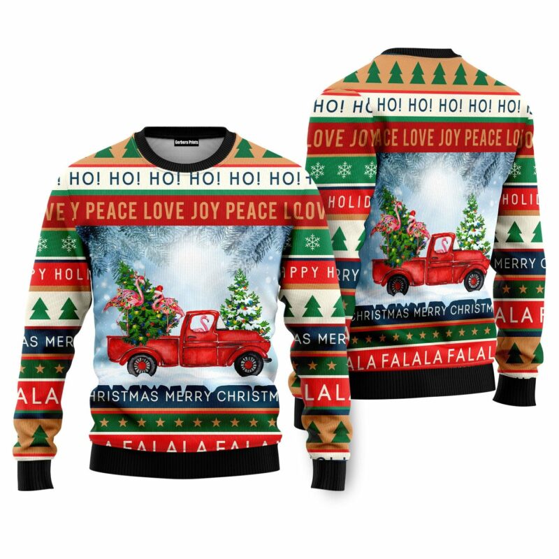 Funny Flamingo With Red Truck Christmas Holiday Ugly Christmas Sweater