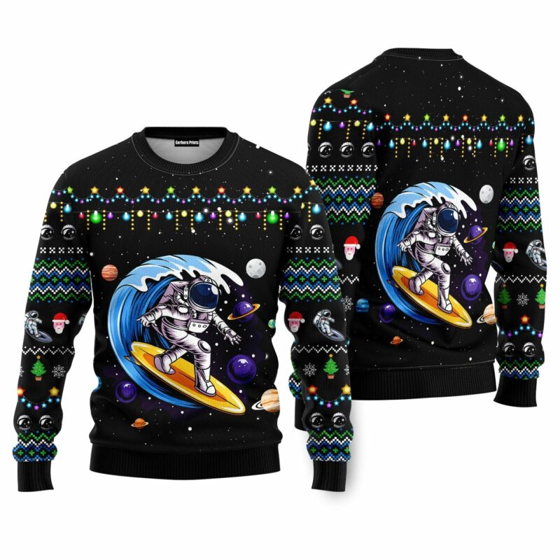 Astronauts Surf On A Surfboard In Space Ugly Christmas Sweater