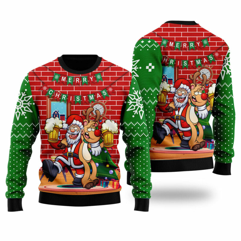 Santa Drink Beer With Reindeer Funny Ugly Christmas Sweater