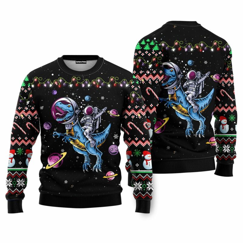 Funny Astronauts Ride A T-rex In Space With The Planet Ugly Christmas Sweater