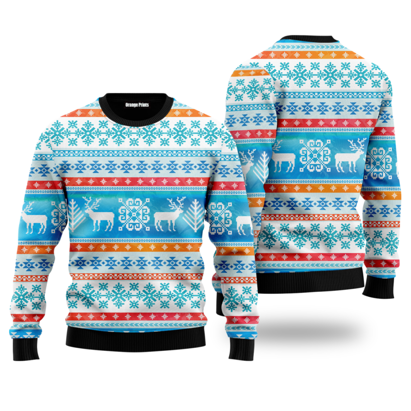 Santa's Reindeer Blue Pattern Ugly Christmas Sweater