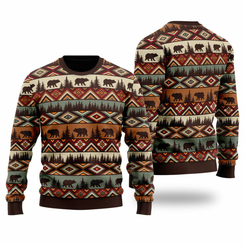 Brown Tribal Bear And Fir Tree Pattern Ugly Christmas Sweater