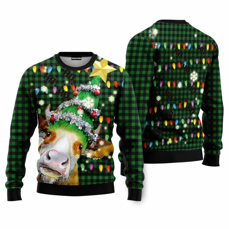 Ho Ho Ho Cow Christmas Tree Ugly Christmas Sweater