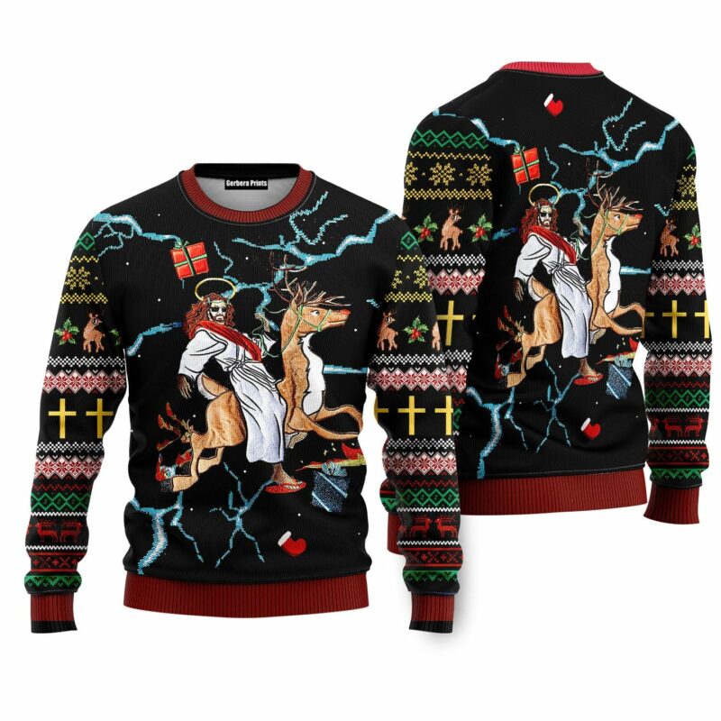 Christian Riding Reindeer Black Ugly Christmas Sweater