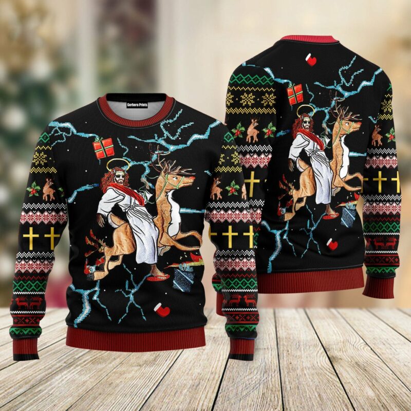 Christian Riding Reindeer Black Ugly Christmas Sweater