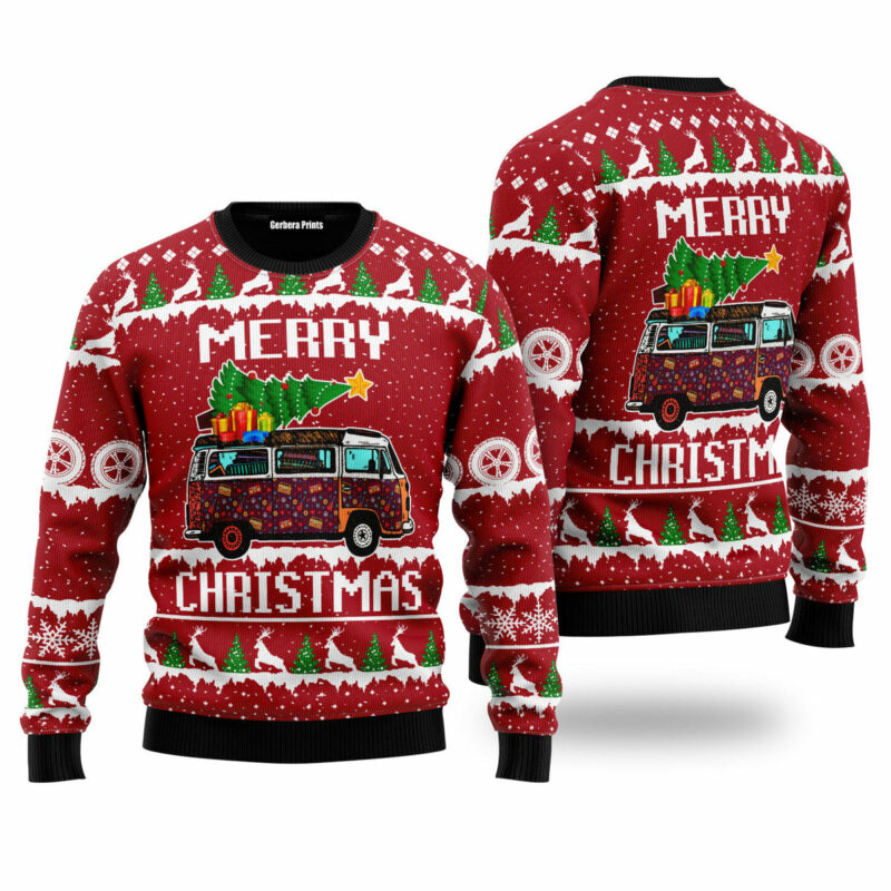 Hippie Car Merry Christmas Red Ugly Christmas Sweater