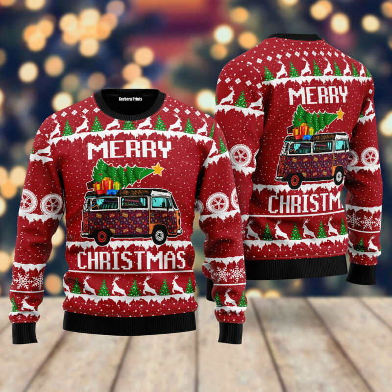 Hippie Car Merry Christmas Red Ugly Christmas Sweater