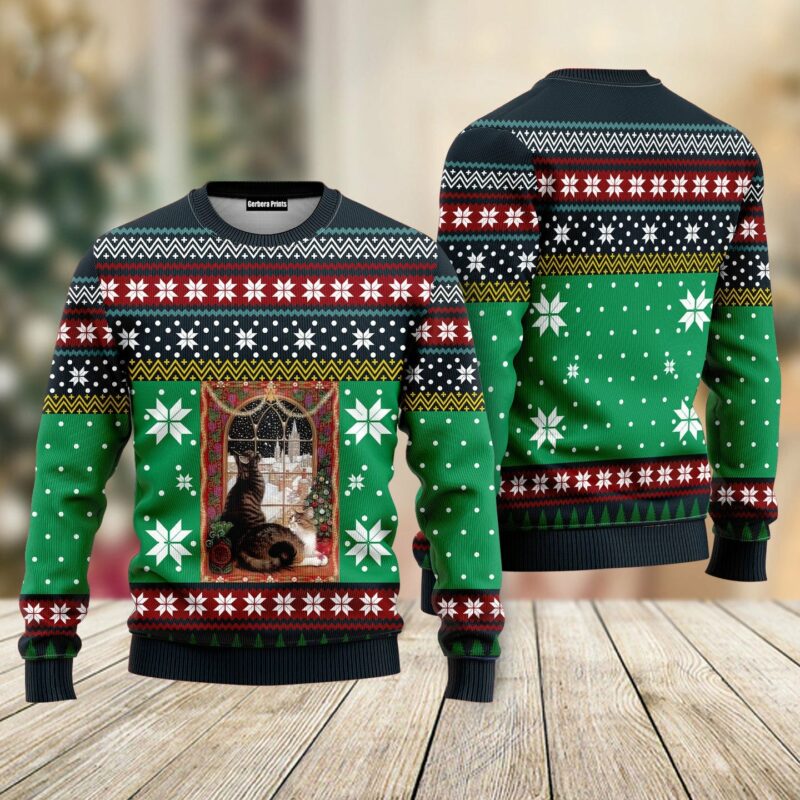 Cat Christmas Snow Window Ugly Christmas Sweater