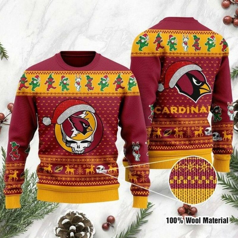 Arizona Cardinals Grateful Dead Skull And Bears Custom Name Nfl Football Christmas Ugly Sweater - Narides