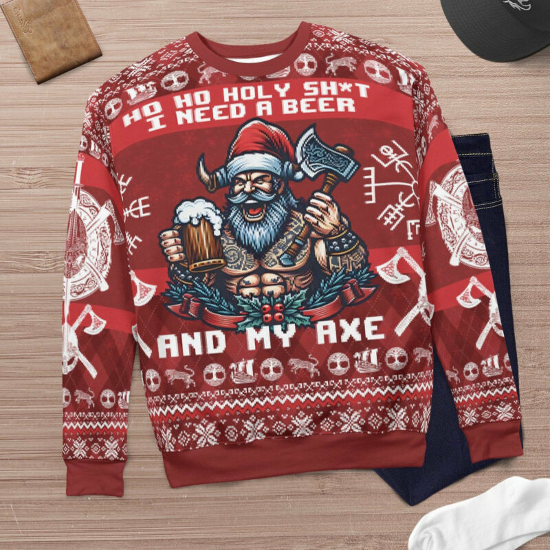 Viking Beer & Axe Viking Christmas Sweater - Ultimate Festive Warrior Gear Viking Ugly Christmas Sweater