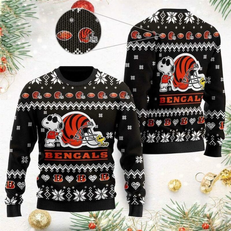 Cincinnati Bengals Cute The Joe Cool Snoopy Show Football Helmet Black Christmas Ugly Sweater - Narides