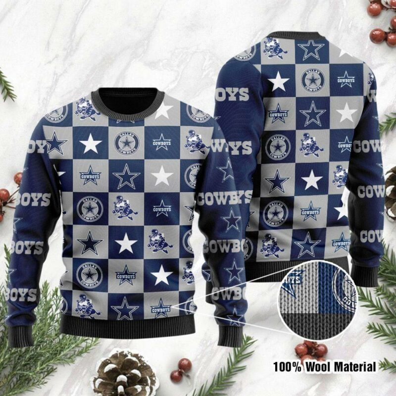 Dallas Cowboys Logo Checkered Flannel Design Christmas Ugly Sweater - Narides