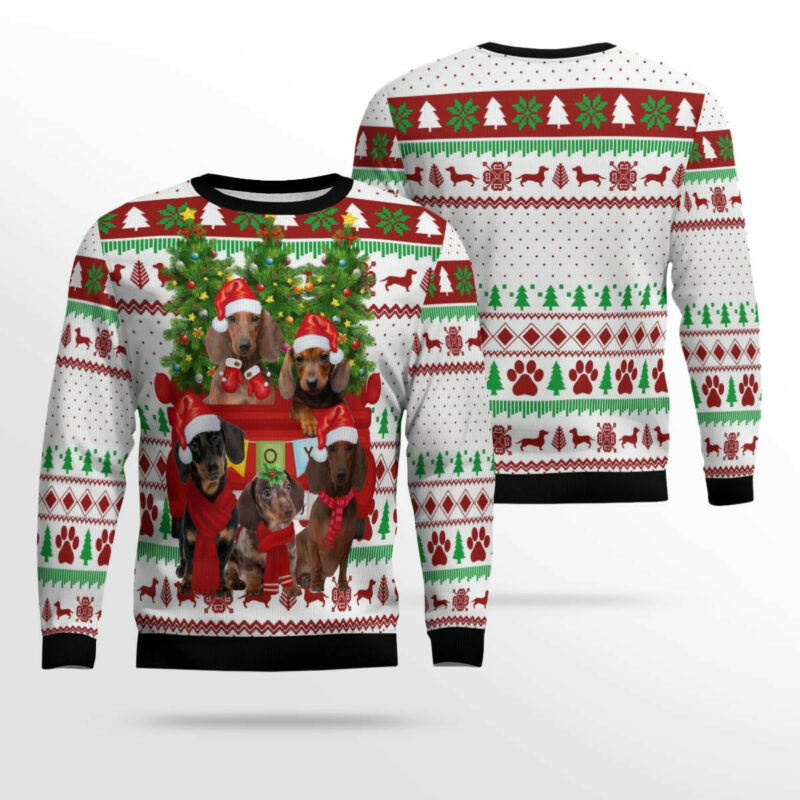 Dachshund Red Truck Ugly Christmas Sweater