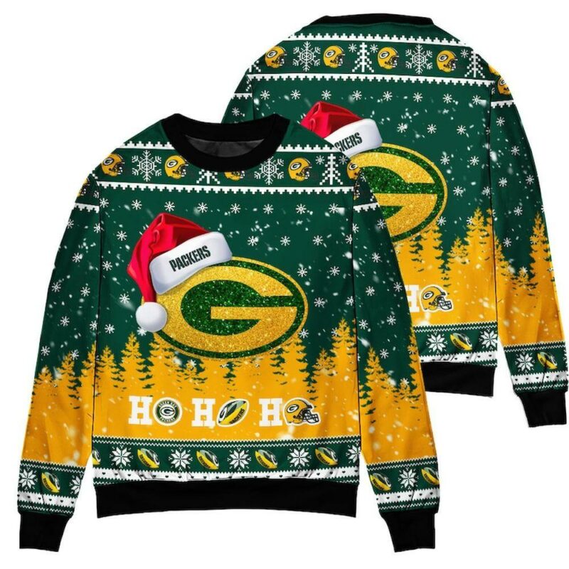 Green Bay Packers Symbol Wearing Santa Claus Hat Ho Ho Ho Christmas Limited Ugly Sweater - Narides