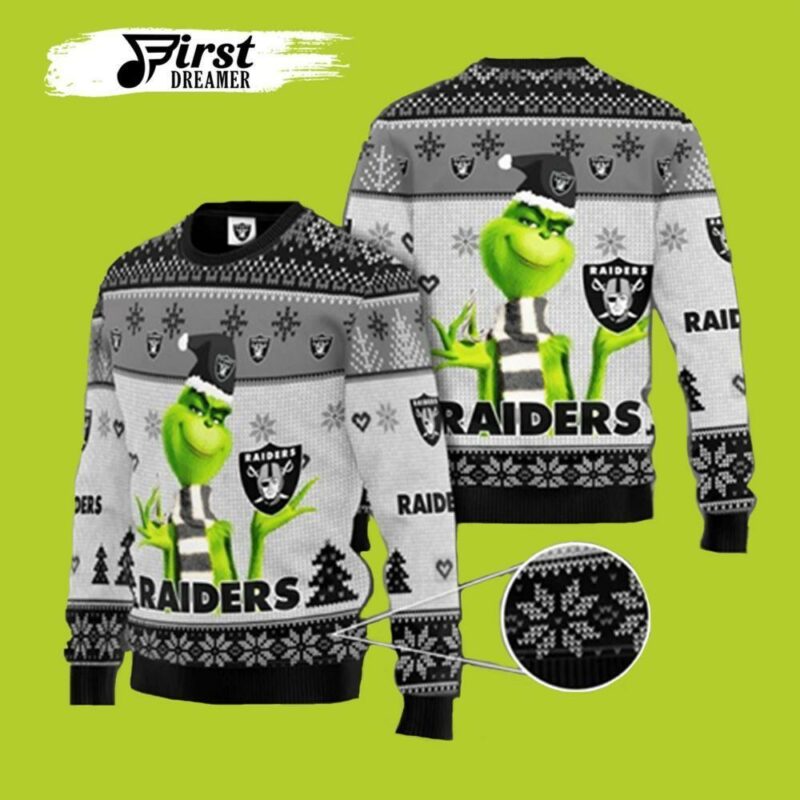 Grinch Raiders Black White Raiders Christmas Awesome Ugly Sweater - Narides