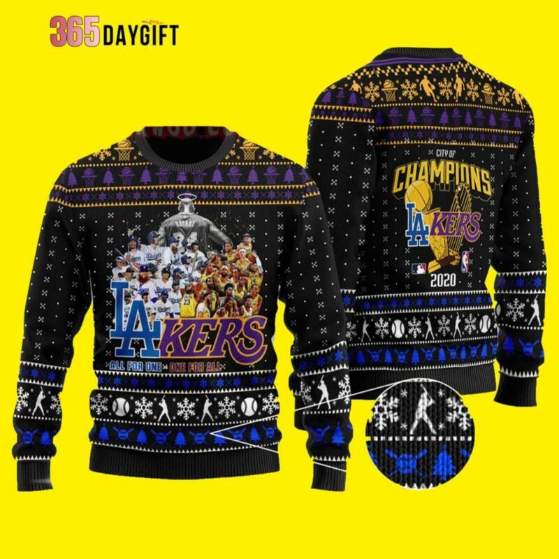 La Dodgers And Lakers All Team City Of Champions Lakers Christmas Limited Ugly Sweater - Narides