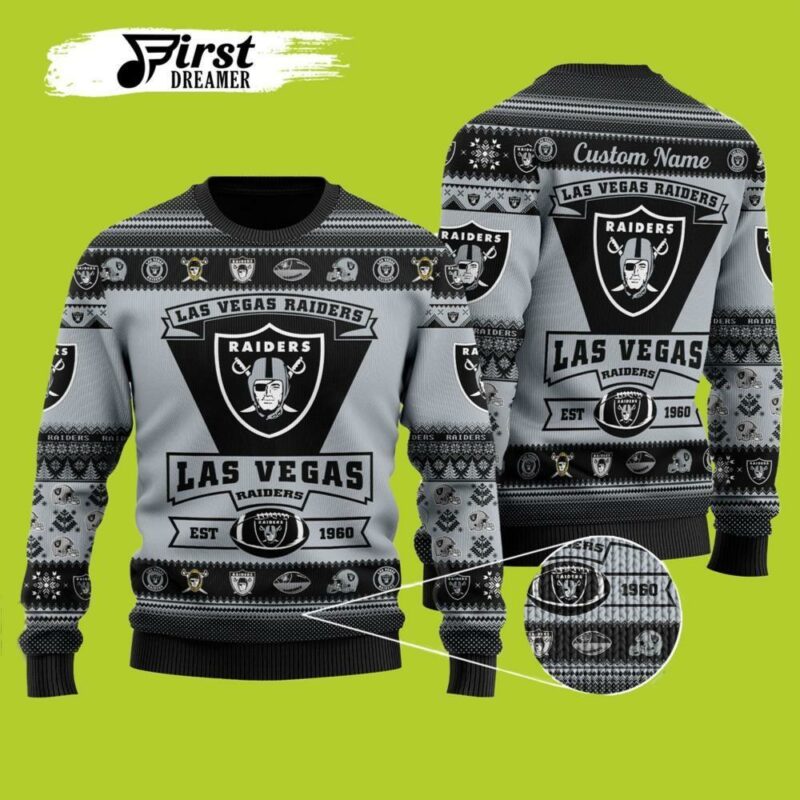 Las Vegas Raiders Football Team Logo Custom Name Personalized Raiders Christmas Awesome Ugly Sweater - Narides